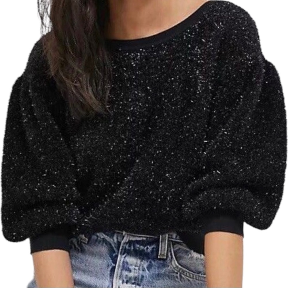 Maeve Pamela Tinsel Black Shimmer Balloon Sleeve Sweater